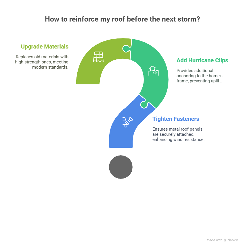 Colorful illustration of a question mark shaped chart pointing out where to reinforce weak points in a roof
