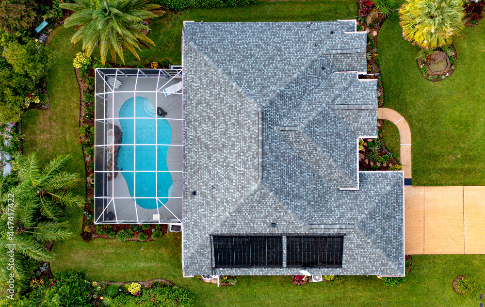 Drone image of a shingle roof recently installed by San Carlos Roofing.