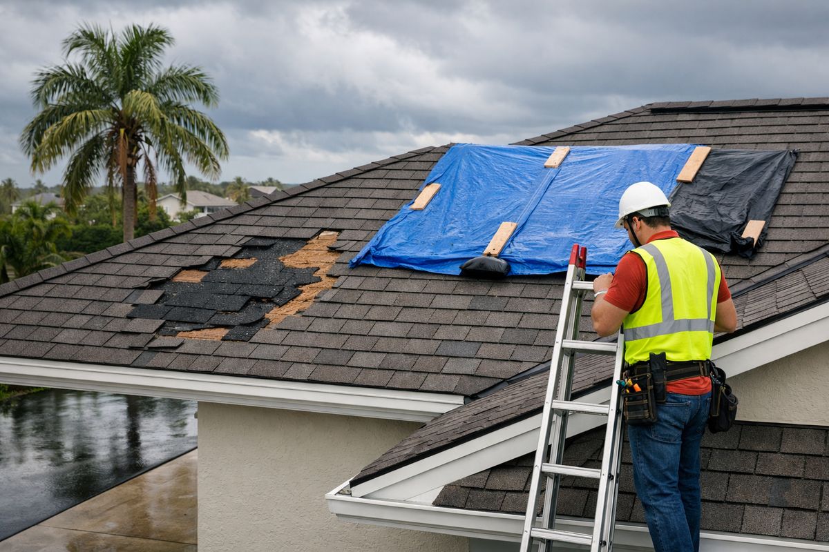 A close-up of a Southwest Florida home roof after a storm, with one section showing missing shingles, another area patched with tarps, and a roofing contractor inspecting a laddered roofline while a neighboring palm tree and wet driveway sit under heavy afternoon clouds