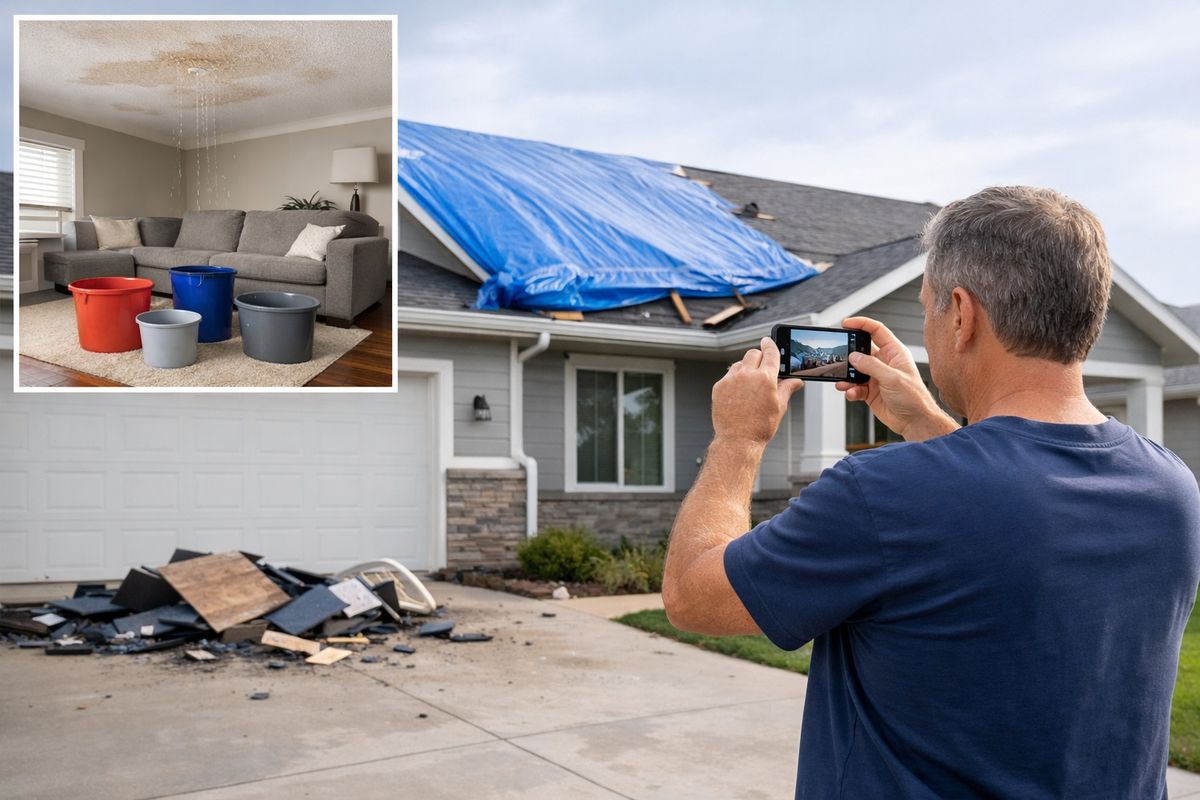 A storm-damaged house exterior with a blue tarp stretched over part of the roof, buckets placed under a ceiling leak inside the living room, wet drywall stains on the ceiling, and a homeowner taking clear photos of the roofline from the yard while debris lies scattered near the driveway