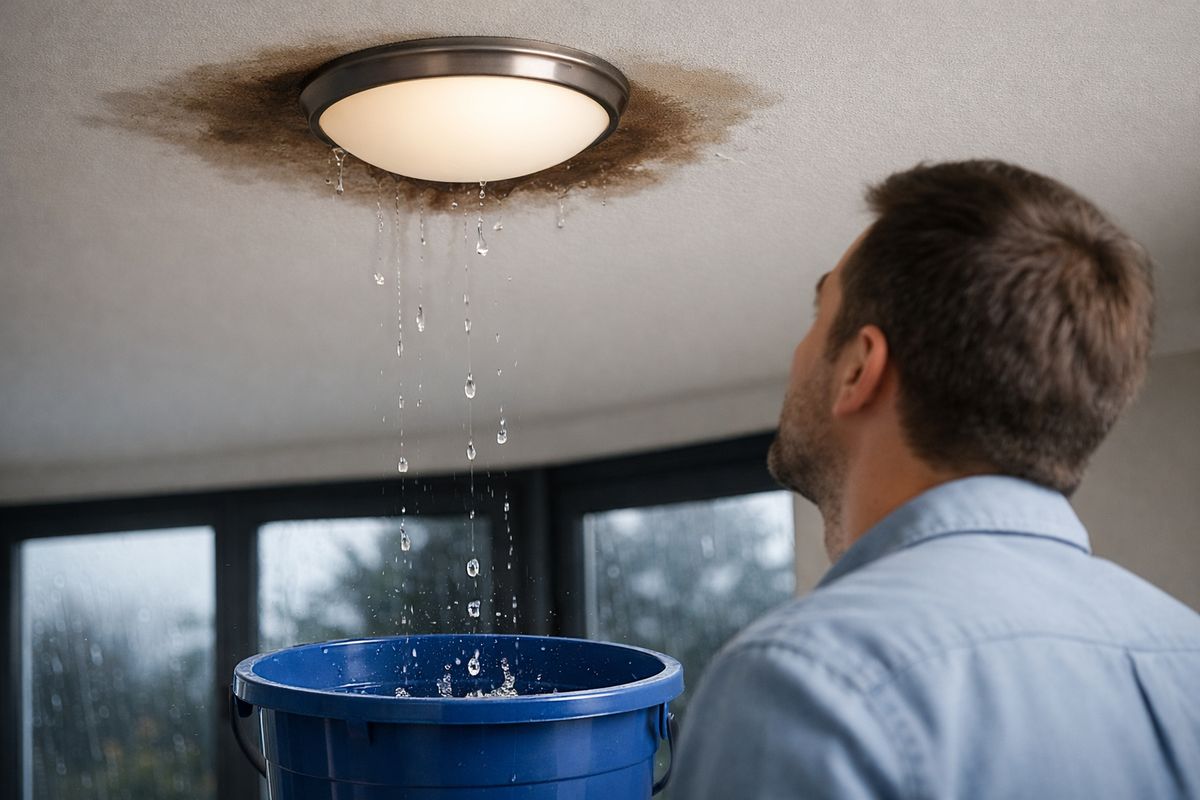 A close view of a homeowner looking up at a ceiling with a dark brown water stain near a light fixture while rainwater drips into a bucket below, with storm-darkened windows visible in the background