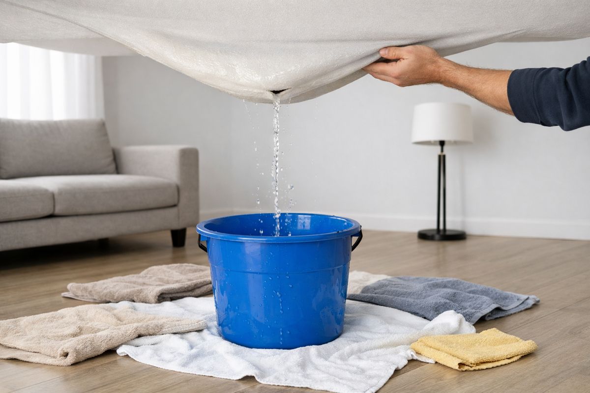 A living room with a plastic bucket catching water from a ceiling drip, towels spread across the floor, a sofa and floor lamp pushed away from the wet area, and a section of sagging ceiling being carefully drained into the bucket