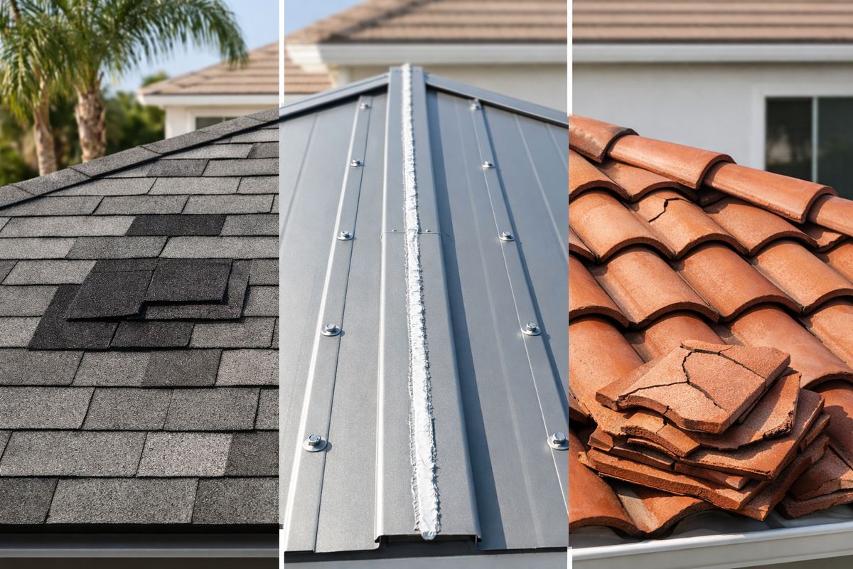 A split-view style scene showing different roofing materials on separate roof sections: asphalt shingles on one side with a few replaced shingles, a metal roof panel with a sealed seam and fasteners, and a tile roof with several cracked tiles stacked nearby, all on the exterior of a sunlit Florida home
