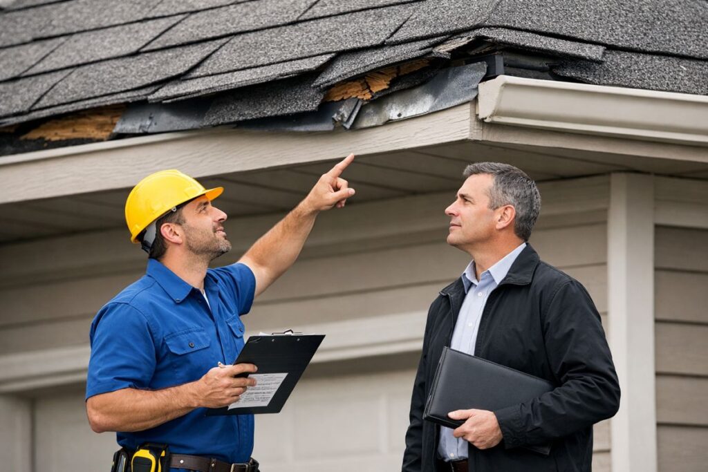 A licensed roofer and an insurance adjuster standing on a driveway looking up at a roof, with a contractor pointing toward lifted shingles and flashing near the eaves, a clipboard and repair notes in hand, and close-up roof damage visible on the house above them