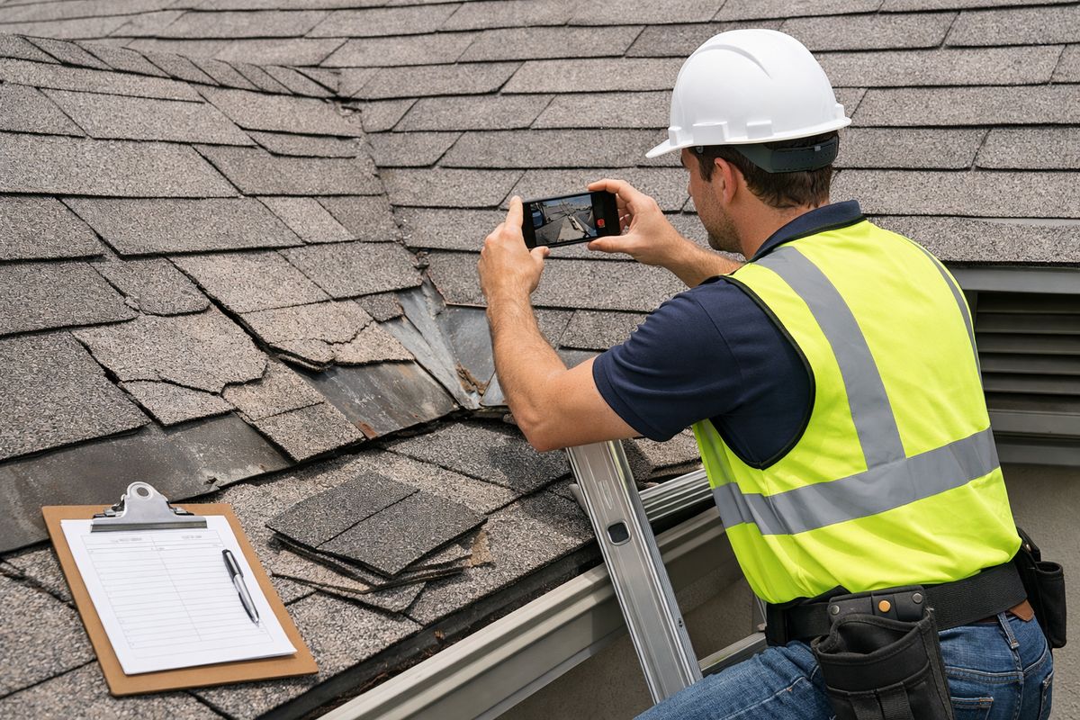 A roofer on a ladder photographing cracked shingles and damaged flashing on a sun-baked roof, with a clipboard, roof tiles, and the edge of an attic vent visible in the scene