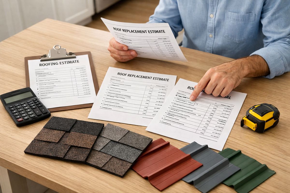 A kitchen table covered with three different roofing estimate printouts, a clipboard, a calculator, a tape measure, and samples of shingles and metal roofing panels arranged side by side, with a homeowner comparing the documents and pointing at line items while reviewing the options
