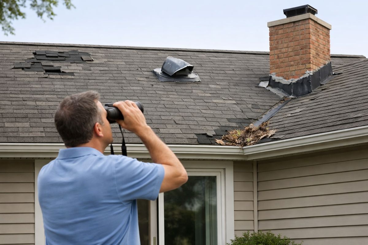 A homeowner standing in a backyard and looking up at a house roof from the ground with binoculars, while the roof shows missing shingles, a bent vent cap, cracked flashing around a chimney, and debris collected in a valley near the roofline