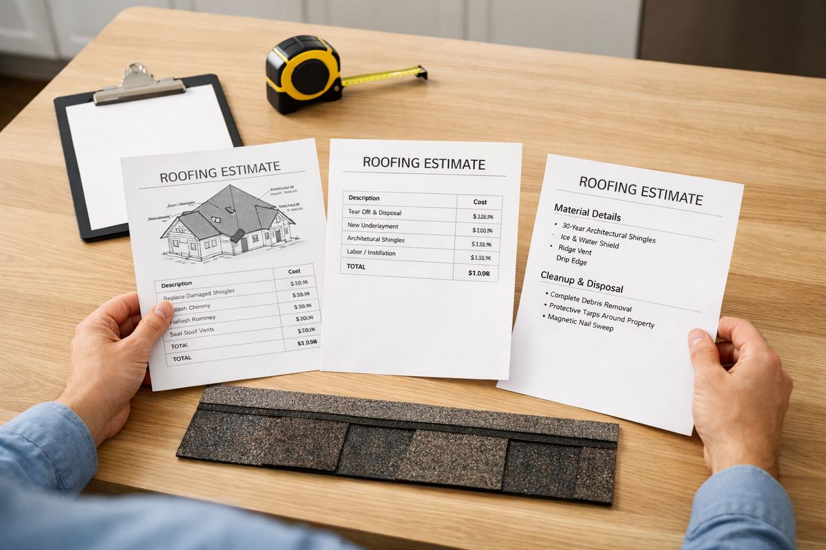 Three printed roofing estimates spread across a kitchen table next to a clipboard, a tape measure, and a sample shingle strip, with a homeowner comparing line items while one page shows a roof repair sketch and another includes material and cleanup details