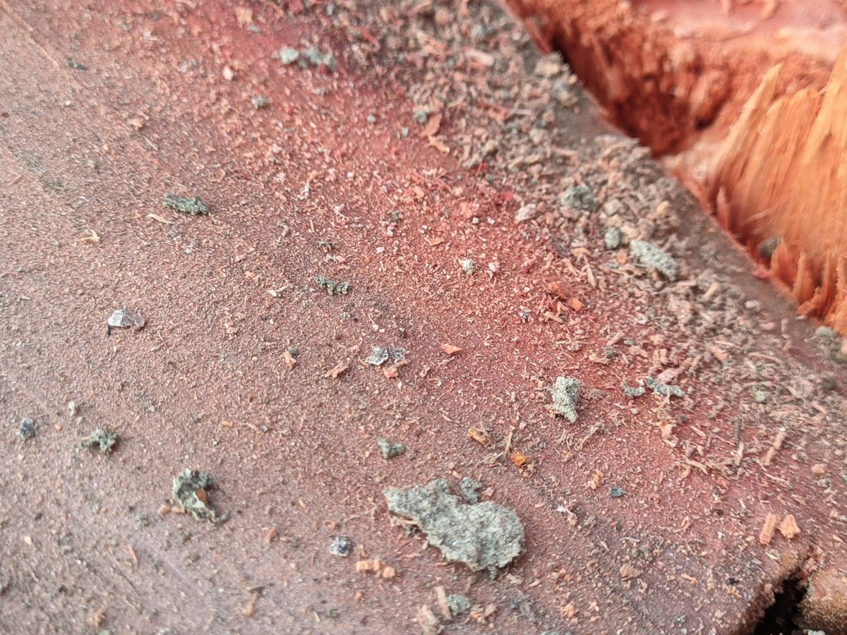 A close-up inspection scene showing a roofer examining a weathered roof surface with brittle shingles, scattered granules in a gutter, a dented metal flashing edge, and an attic opening nearby with sunlight revealing stains on the underside of the decking