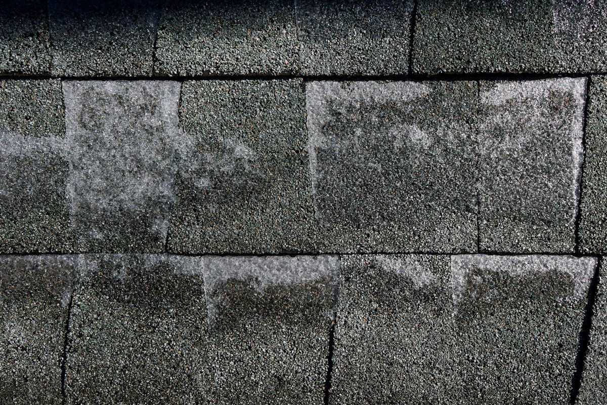 A wide view of an aging shingle roof with curled edges, bare patches of lost granules, a few sagging spots, and multiple areas exposed after a storm, with roofers removing old shingles and exposing sections of the roof deck beneath.