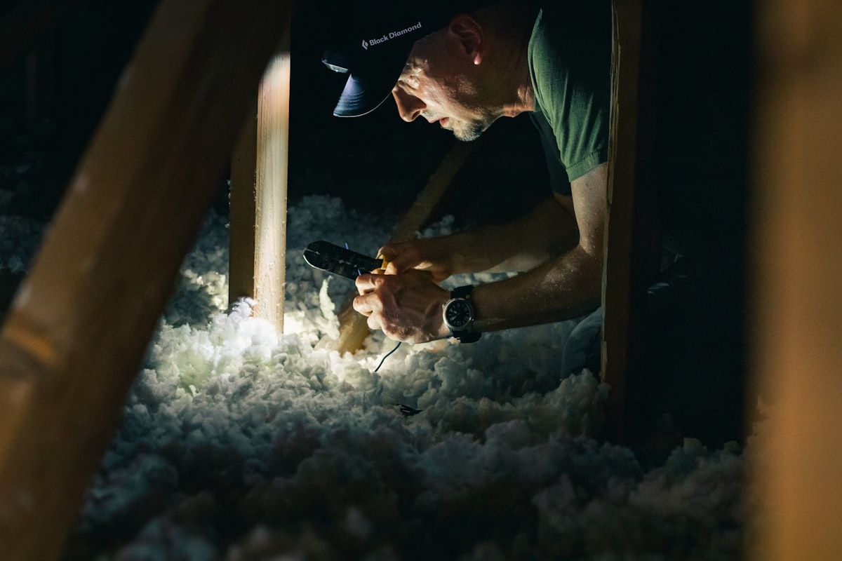 A roofing inspector in an attic using a moisture meter near wet insulation while another section of the roof is shown outside with flashing, vents, and skylights being examined from a ladder