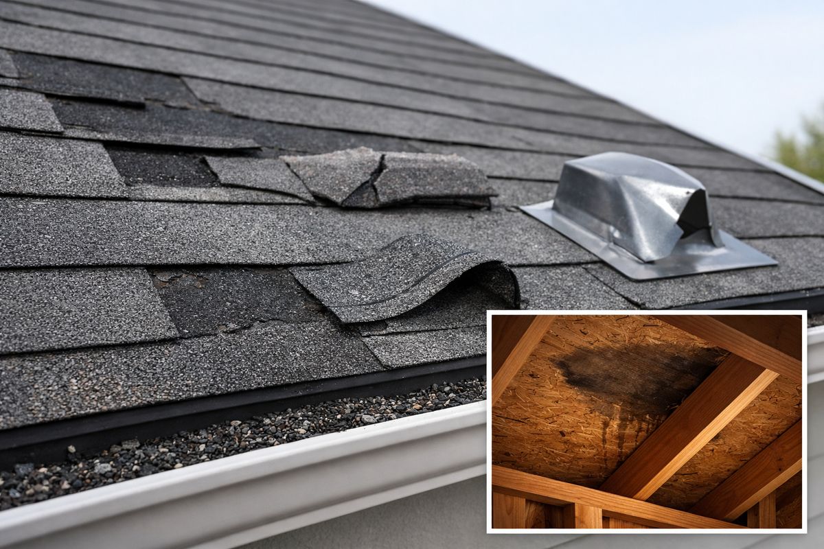 A close-up view of a residential roof after a storm showing several missing asphalt shingles, one lifted and curled shingle edge, a cracked tile near the ridge, a dented metal vent flashing, scattered granules in a gutter below, and a dark water stain starting on the underside of the roof decking inside an attic opening