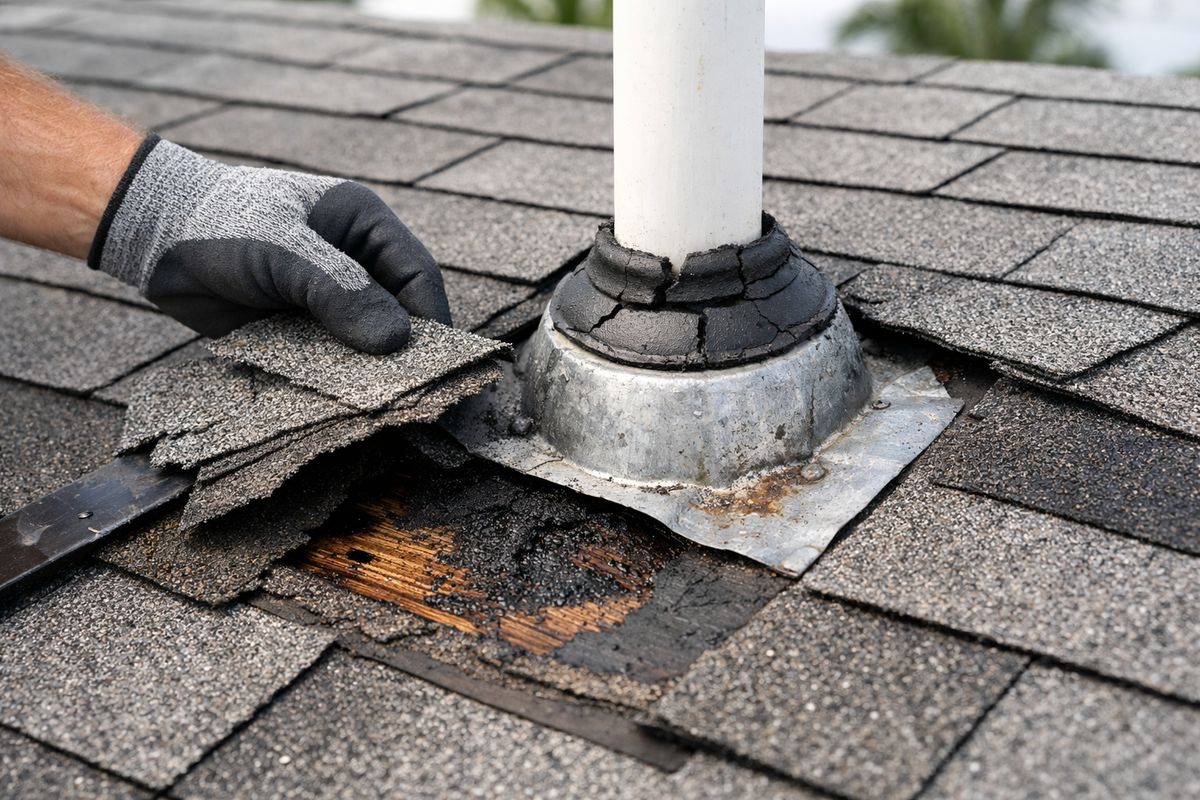 A close-up exterior scene of a weathered residential roof in Southwest Florida with a roofer removing a few damaged shingles near a vent pipe, showing cracked pipe boot rubber, exposed flashing, and a small area of darkened decking beneath the roofing materials.