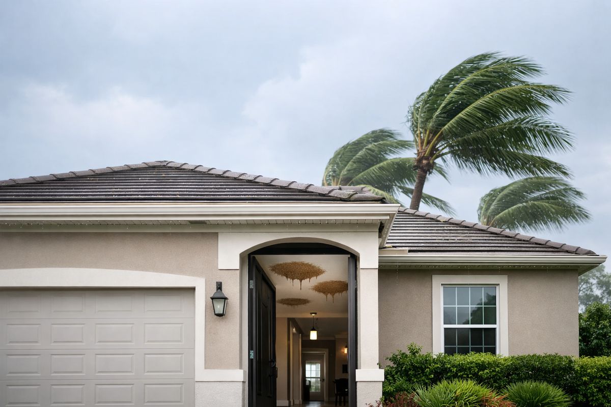 A suburban Southwest Florida home roof seen from the street after a summer storm, with dark brown water stains visible on the ceiling inside through an open front door, a humid sky overhead, and palm trees bending in the background
