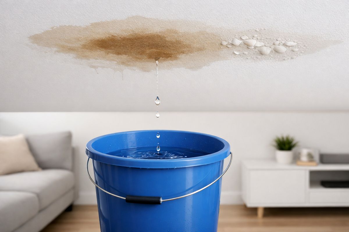 A living room ceiling with a brown water stain and a small drip falling into a bucket, with nearby paint starting to bubble and a damp patch spreading across drywall