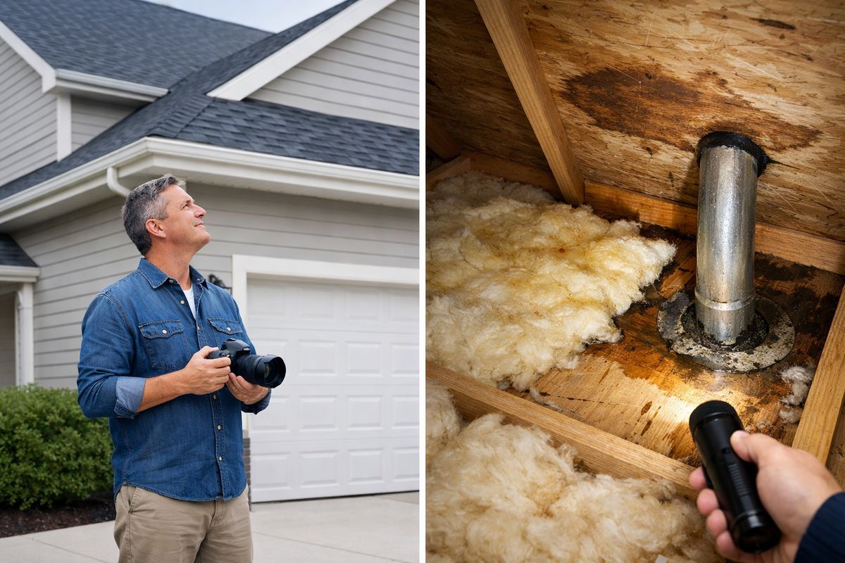 A homeowner standing safely in the driveway looking up at a house roof while holding a camera, with a second view of the attic showing a damp insulation patch, a brown ceiling stain, and a small flashlight beam pointing at wet wood around a vent pipe