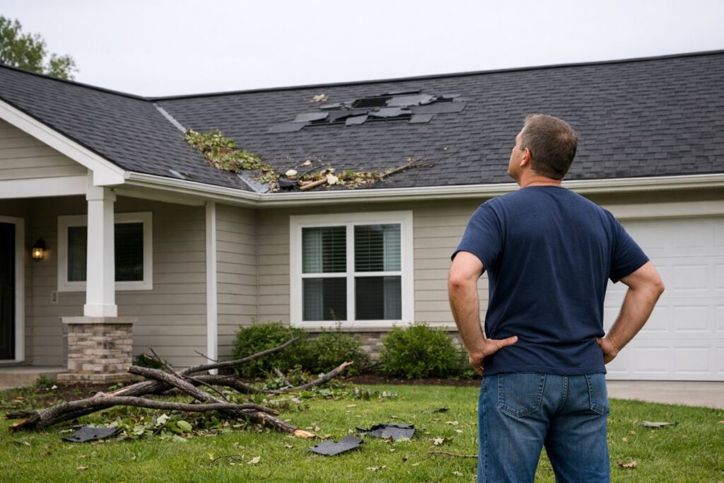 A single-story home after a storm, showing a homeowner standing in the yard looking up at a roof with a few missing shingles, scattered branches on the lawn, and visible debris collected in the roof valleys