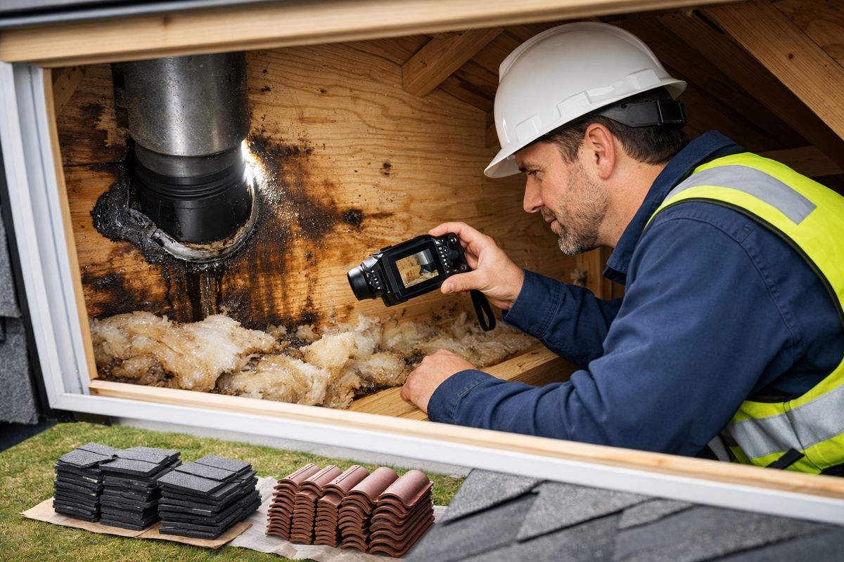 A roofing work scene with a contractor inspecting attic moisture damage beside a roof opening, holding a camera near stained wood, wet insulation, and daylight visible around a vent penetration, with removed shingles and tiles stacked neatly outside on the ground below.