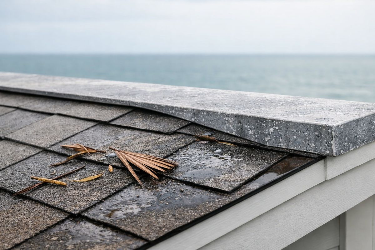 A roof edge near the Gulf with salt-speckled metal flashing, sun-faded shingles, wet patches from heavy rain, and scattered palm debris after a storm, showing weather exposure on a coastal house