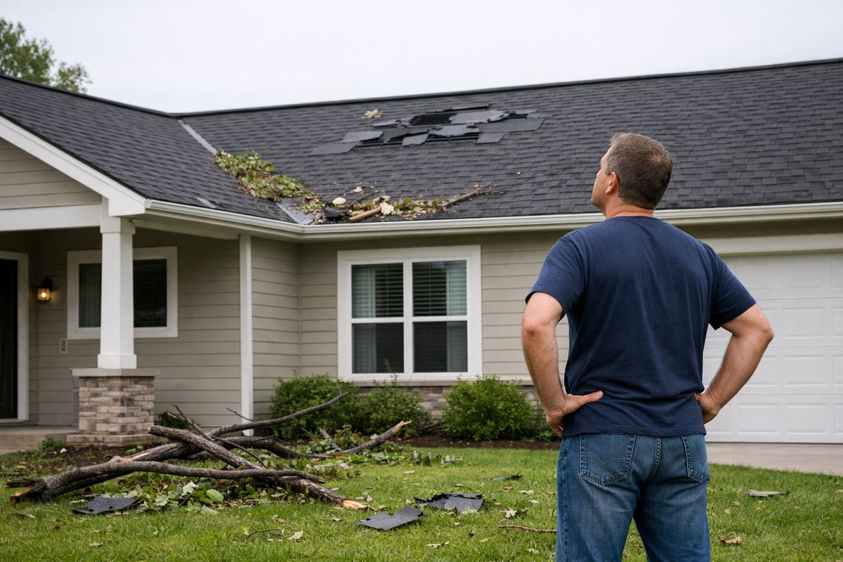 A single-story home after a storm, showing a homeowner standing in the yard looking up at a roof with a few missing shingles, scattered branches on the lawn, and visible debris collected in the roof valleys