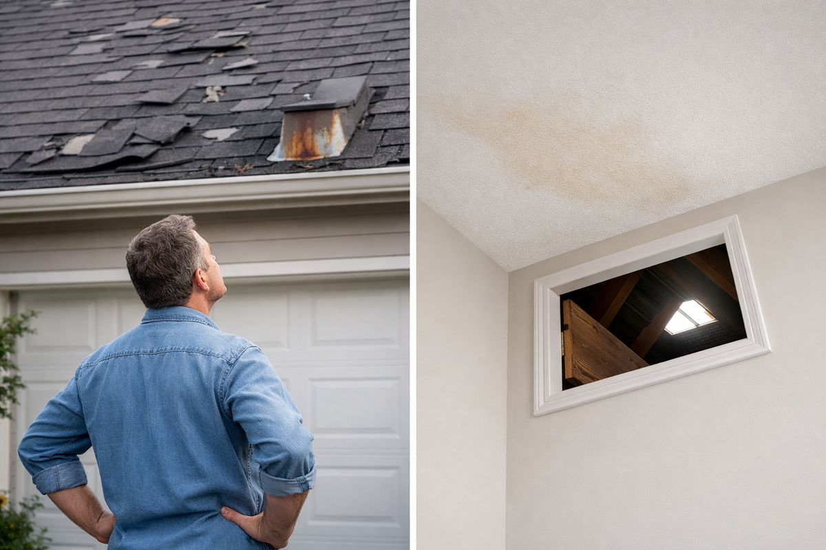 A homeowner standing in a driveway looking up at a roof with curled shingles, missing sections, rust-stained flashing, and a few cracked tiles, while inside the house a ceiling corner shows a faint water stain and a small attic opening reveals daylight